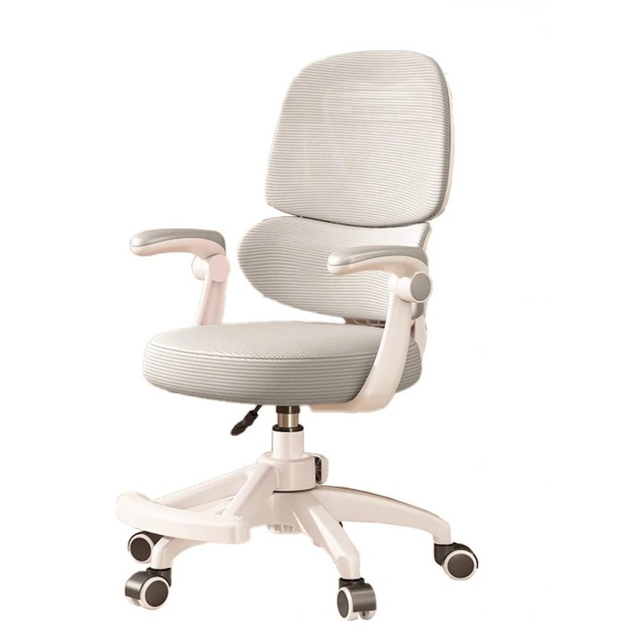 Scaun Ergonomic Copii, TOP SCAUNE®, Scaun Birou Copii Reglabil Inaltime, Spatar Dublu Cu Suport Lombar Independent, Cotiere Rabatabile, Suport Picioare Reglabil, Sezut Respirabil, Pivotant 360°, Pentru Postura Corecta, Studiu, Alb/Gri