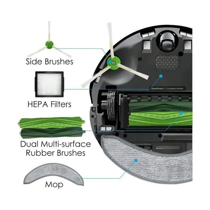 Set accesorii aspirator robot compatibil Roomba Combo J7+, perie cauciuc, filtru HEPA, laveta mop, perie laterala