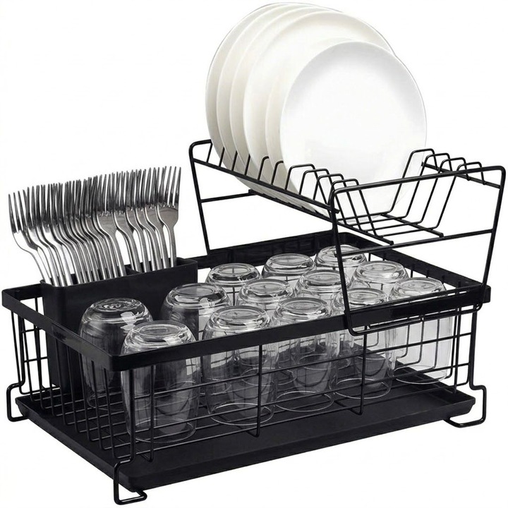 Scurgator de vase, 2 niveluri, organizator vase si tacamuri, vertical, 44X30X20 cm, metal, culoare Negru