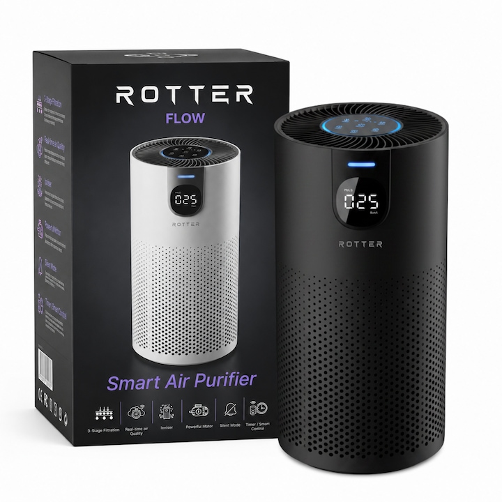 ROTTER® FLOW légtisztító, ionizációs légtisztító, HEPA szűrős és ionizációs légtisztító, HEPA, 3 tisztítási szint és auto funkció, gyermekzár, 15-25 m² lefedettség, CADR 180-250 m3/h, LED kijelző, időzítő, csendes üzemmód, 20W, Fekete