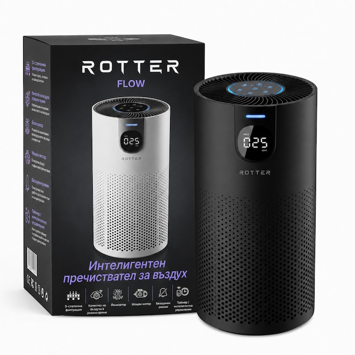 Пречиствател за въздух ROTTER® FLOW, пречиствател с йонизация, пречиствател с HEPA филтър и йонизация, HEPA, 3 нива на пречистване и автофункция, детско заключване, покритие 15-25 m², CADR 180-250 m³/h, LED дисплей, таймер, тих режим, 20W, Черен