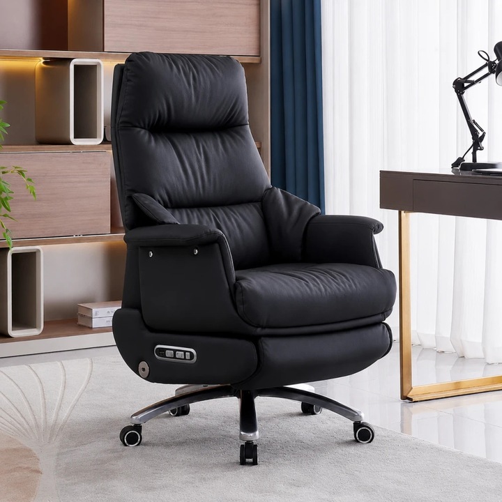 Scaun Directorial Premium, TOP SCAUNE®, Scaun Executiv Ergonomic Din Piele Naturala, Reclinare Electrica 160°, Incalzire Integrata, Ventilatie Turbo, Masaj Airbag 3 Moduri, Suport Lombar, Suport Picioare Extensibil, Baza Metalica 150 Kg, Rotire360°, Negru