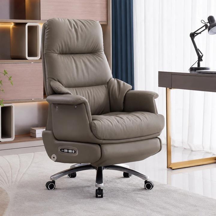 Scaun Directorial Premium, TOP SCAUNE®, Scaun Executiv Ergonomic Din Piele Naturala, Reclinare Electrica 160°, Incalzire Integrata, Ventilatie Turbo, Masaj Airbag 3 Moduri, Suport Lombar, Suport Picioare Extensibil, Baza Metalica 150 Kg, Rotire360°, Kaki