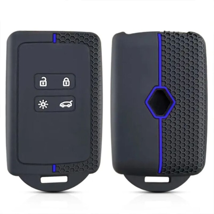 Carcasa protectie cheie auto, husa pentru cheie si cartela compatibila Renault/Dacia Clio 4/5, Austral, Arkana, Captur, Megane, Zoe, Koleos, Kadjar, Duster, Sandero, Jogger, Logan, din silicon flexibil, texturata, negru/albastru