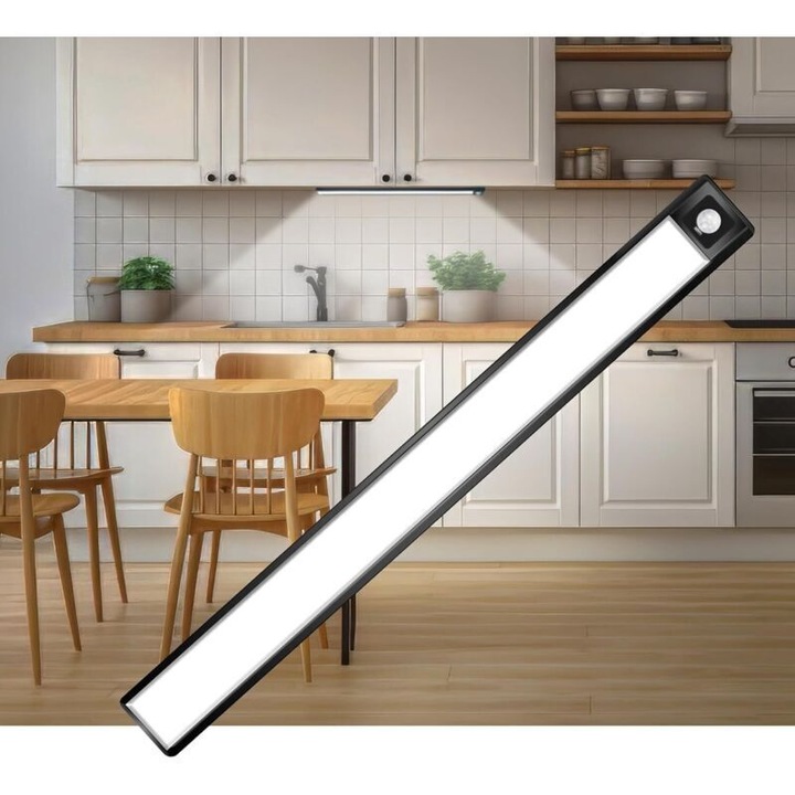Lampa LED magnetica reincarcabila, senzor miscare, 3 moduri culoare, negru, 40cm