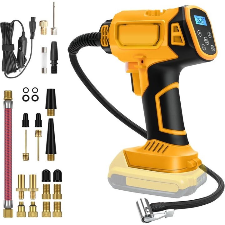 Compresor aer portabil 21V, 130 PSI, afisaj digital, LED, 0.7 kg, set complet
