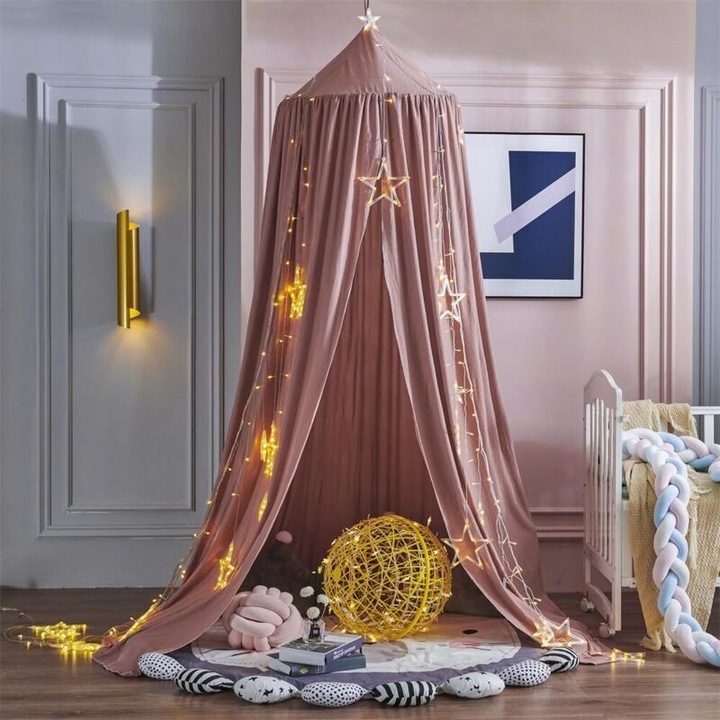 Baldachin pat copii OEM, cort rotund, roz inchis, 250x65x400cm