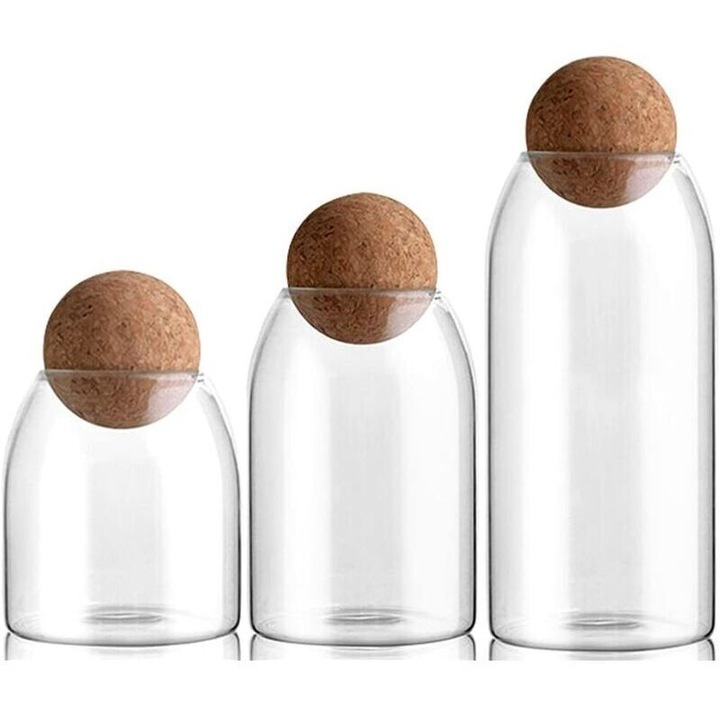 Set 3 borcane sticla borosilicata capac pluta 500ml 800ml 1200ml