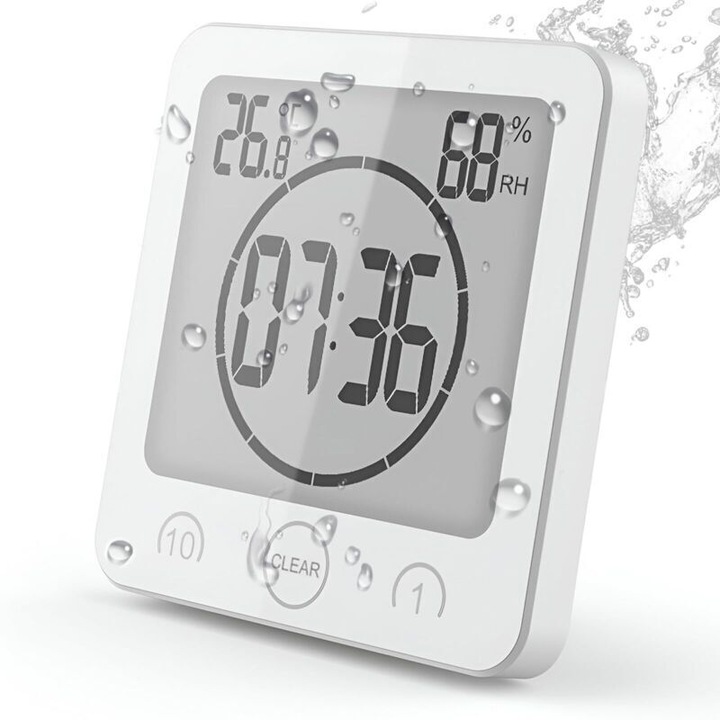 Ceas baie multifunctional, LCD, alb, 10x7x3cm