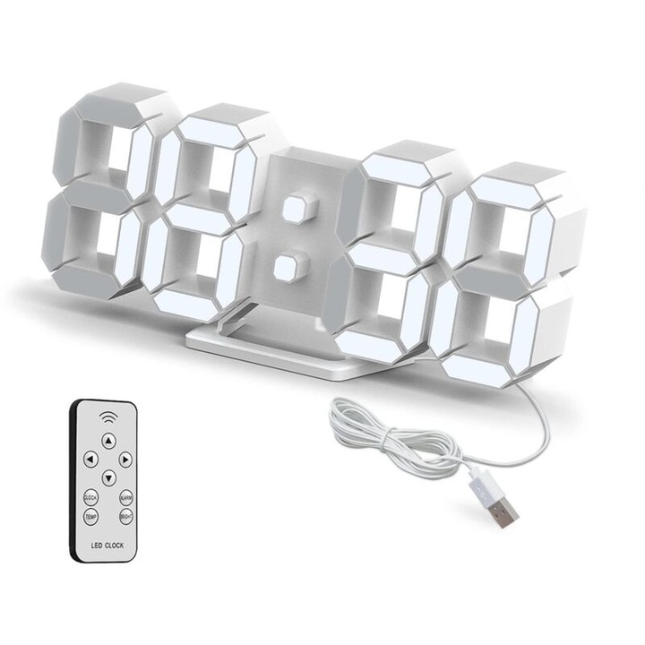 3D LED digitális óra, ébresztő, távirányító, fehér, 25.2cm