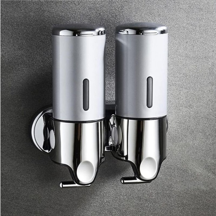 Dispenser sapun perete, 2 compartimente, argintiu, 17oz