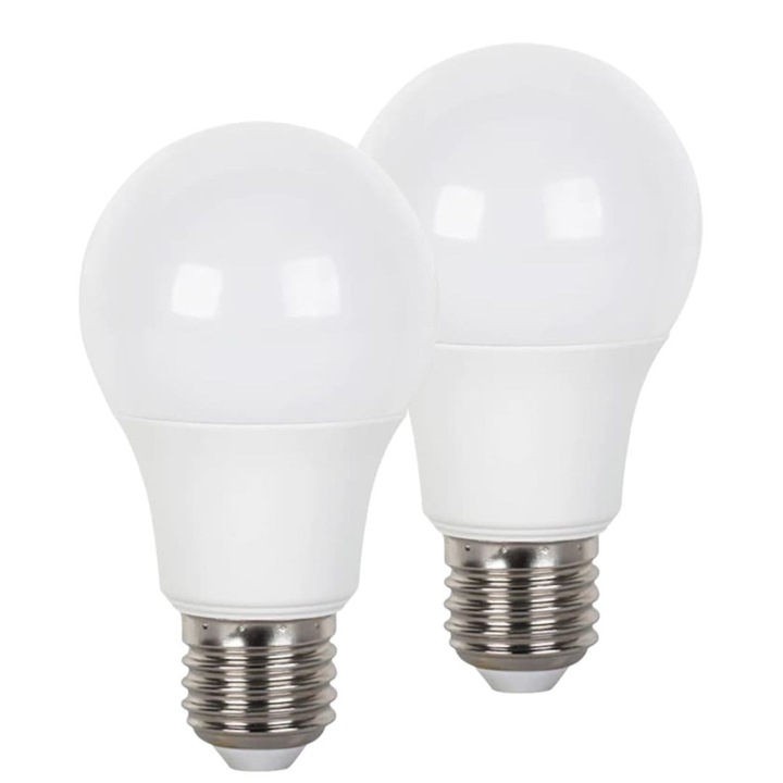 Set 2 becuri LED E27 5W lumina rece 6500K, iluminare economica pentru interior, consum redus energie, echivalent bec clasic 40W