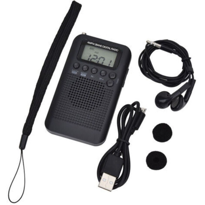 Мини преносимо радио, FM AM, DSP, часовник, таймер, черно, 10.3x6x1.5см
