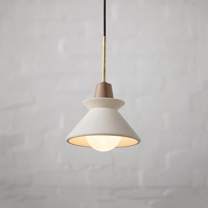 Lustra suspendata ciment si lemn 20cm alb industrial nordic