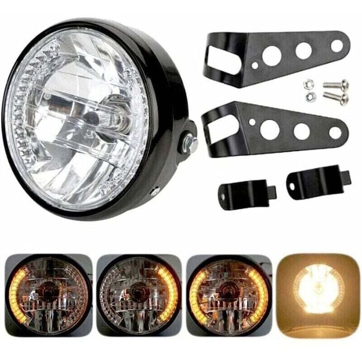 Far rotund motocicleta 7 inch, LED halogen, negru, 17.8x12cm, set montare