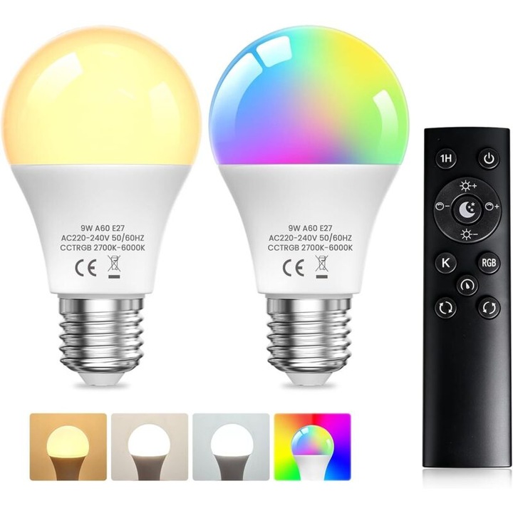 Bec LED E27 9W RGB cu telecomanda set 2 buc multicolor 58.5x108mm
