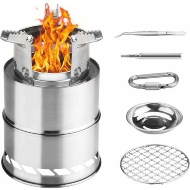 Arzator camping pliabil, suport 3 brate, gratar, inox, 14x7cm