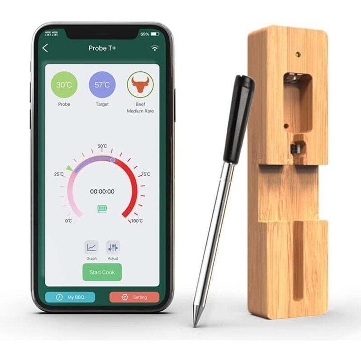 Bluetooth húshőmérő szonda konyhai használatra, 50 m hatótávolság, időzítő és riasztás funkció, Többszínű, 1 db