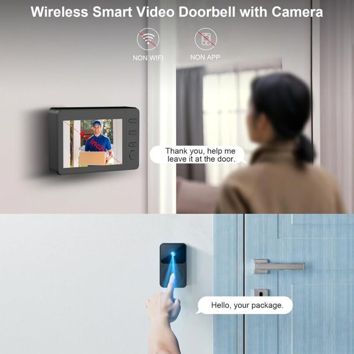 Sonerie video wireless, camera 1080p, ecran 4.3 inch, vizionare nocturna, unghi 170°, baterie 800mAh