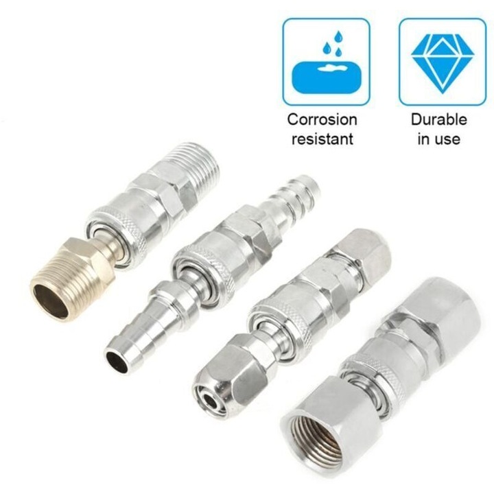 8 részes légkompresszor tömlőcsatlakozó készlet, vas, ezüst, 1/2" BSP, 8x12mm
