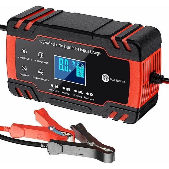 Redresor inteligent baterii 12V 24V 8A, afisaj digital, negru-rosu, 16.2x10x5.5cm