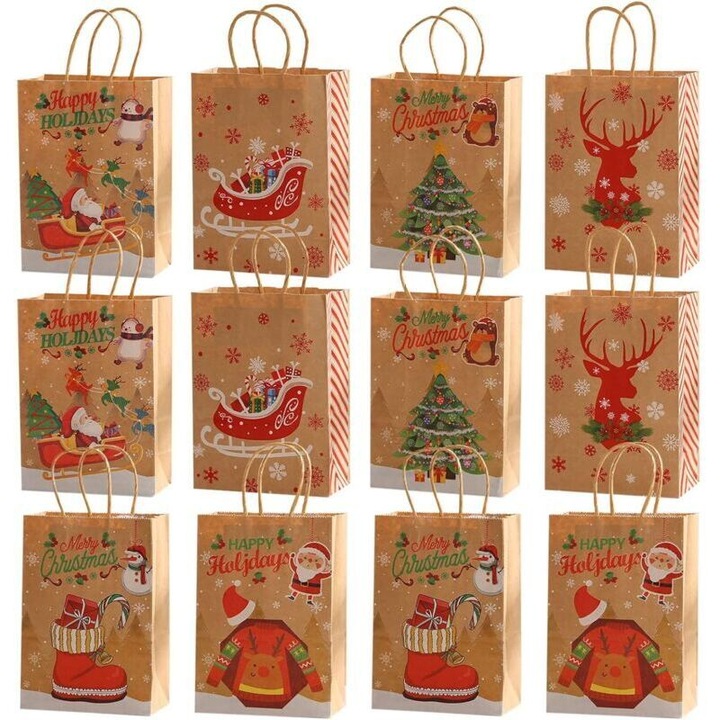 Set 12 pungi cadou Craciun hartie kraft, modele clasice, marime 21x15x8cm, manere lemn, multicolor