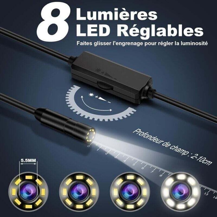 Camera endoscopica 1920x1440p, 5m cablu flexibil, 8 LED, rezistenta la apa IP67