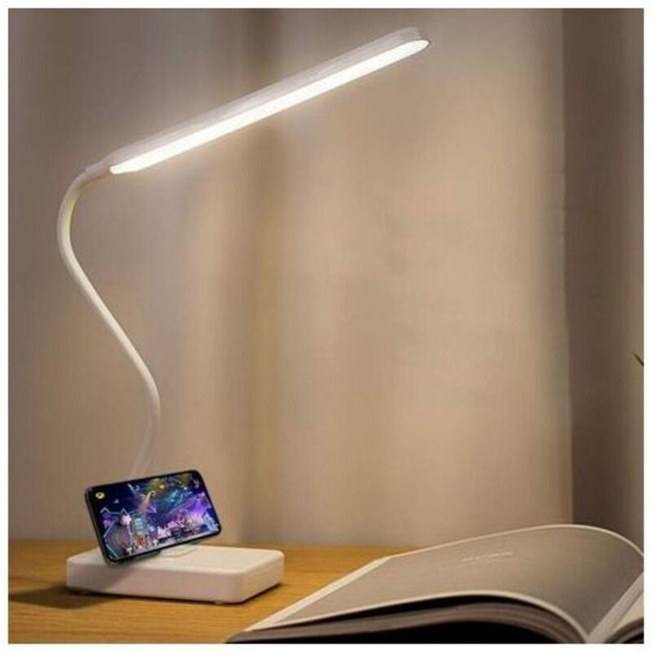 Lampa de birou LED reincarcabila, fara fir, 3 culori, 6 niveluri luminozitate, alb