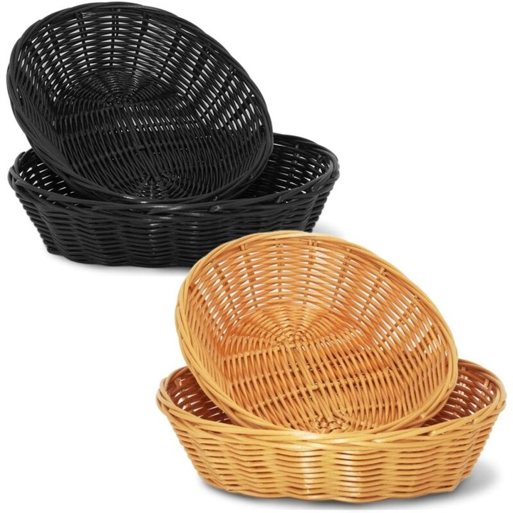 Set 4 cosuri rotunde din rachita, maro si negru, servire alimente, diverse dimensiuni