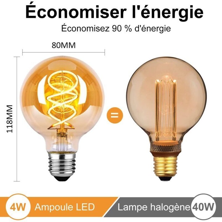 Bec/Lampa LED E27 G80, dimabil, stil vintage edison cu filament in spirala, 4W (echiv. 40W), 260 lm, 2200K, ambra, set 4 bucati