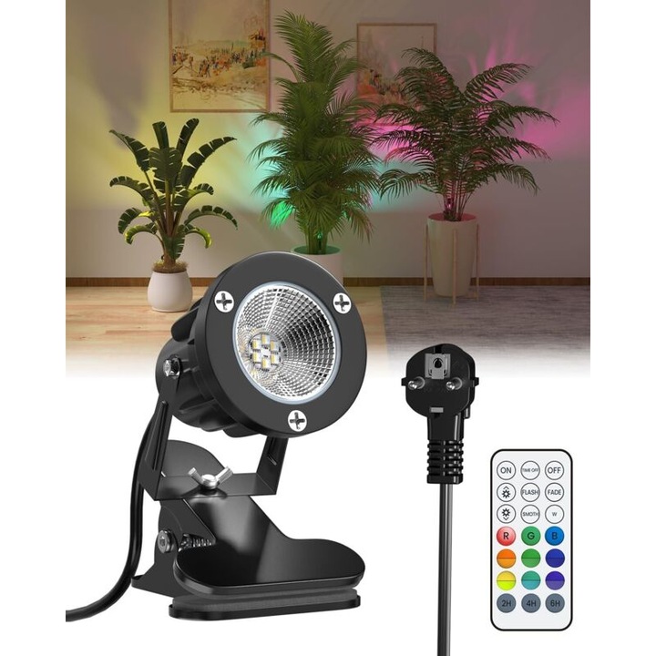 Spot LED clip-on 6W RGB cu telecomanda, IP65, alb cald, 1.78m, multicolor