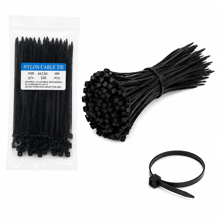 Set 100 cleme cablu nylon 4x150mm negre m-import