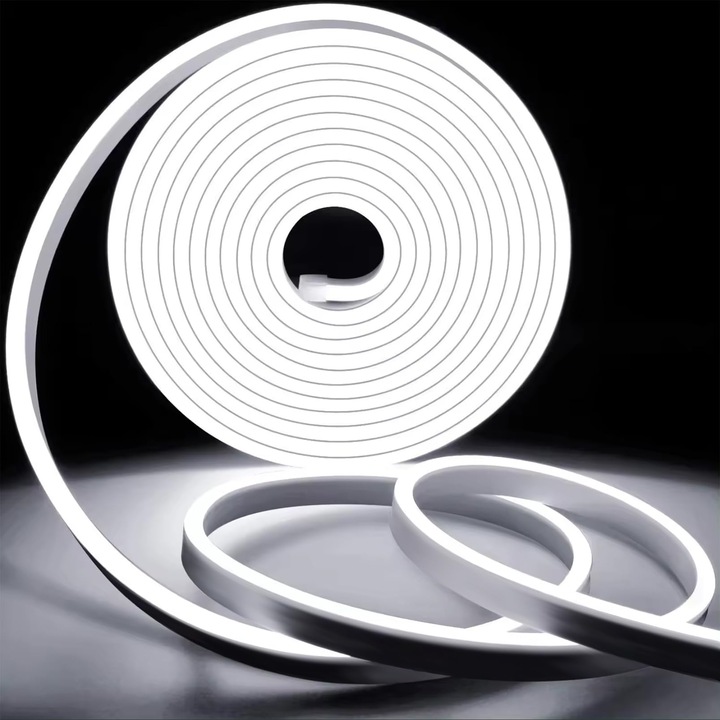 Banda LED Neon, lumina alb rece, 10 m, 120 LED/m, IP65, flexibila, taiere la 1 m, alimentare 230V, PVC, culoare Alb