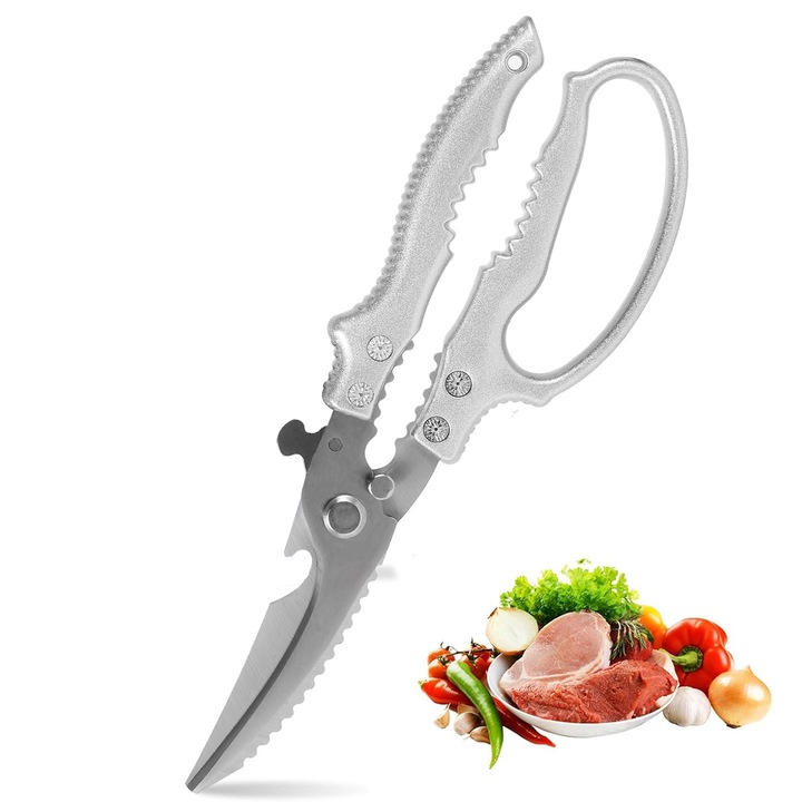 Foarfeca de bucatarie, BOMSTOM, Foarfeca de bucatarie rezistenta, Cu maner anti-alunecare si blocare de siguranta, Foarfeca de bucatarie multifunctionala pentru pui, taiere carne, peste, legume, compatibila cu masina de spalat vase, argintiu, 1 buc