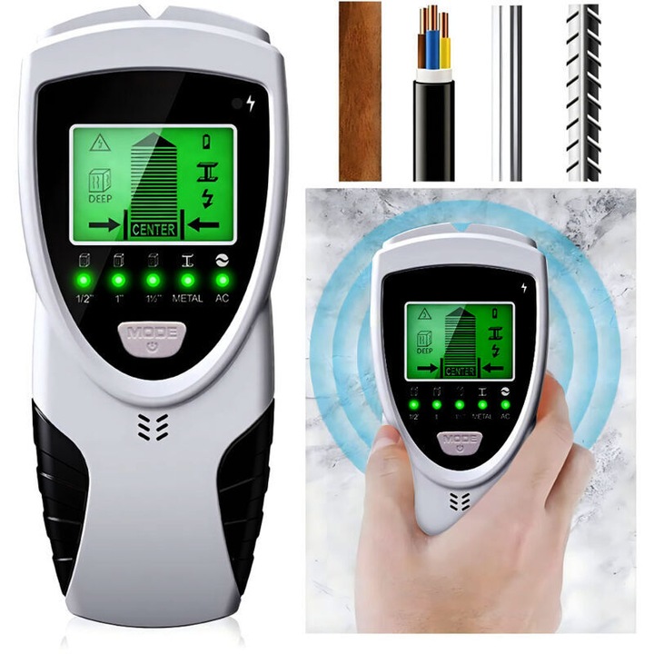 Detector perete 5 in 1 cu ecran LCD, sunet avertizare, pentru lemn metal cablu electric