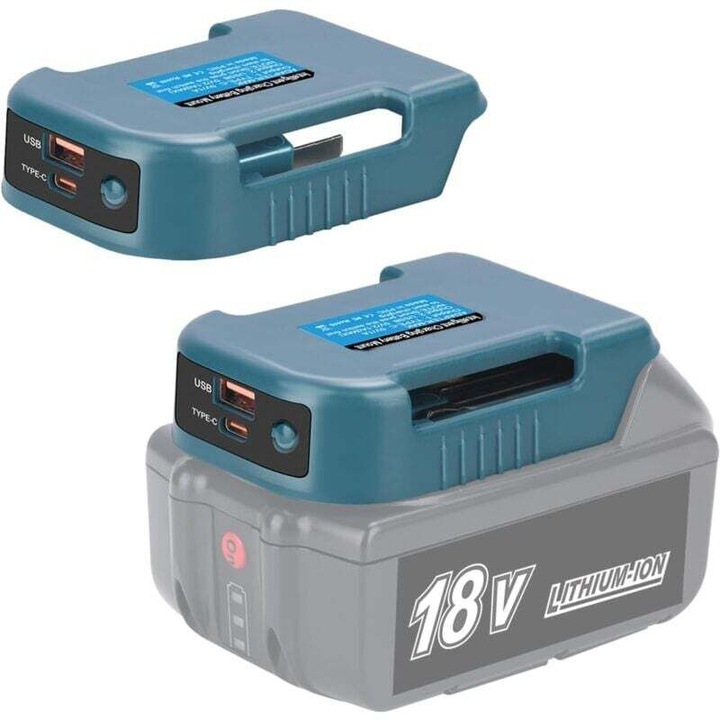 Adaptor incarcator USB si Type-C pentru baterii 18V, negru, universal
