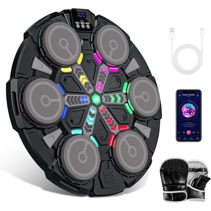 Zenei boxzsák Bluetooth-szal és többszínű LED fényekkel, kesztyűvel
