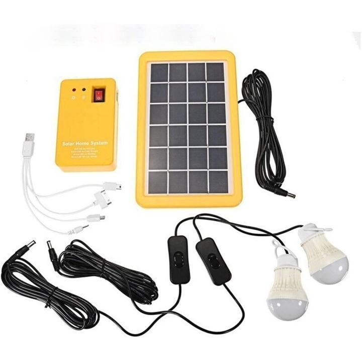 Kit sistem generator panou solar, 3W, 2 becuri LED, 4 incarcatoare USB, alb, tip standard