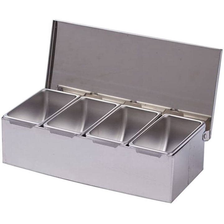 Set 4 piese condimente inox, sos branza, sare, zahar, ustensile bucatarie