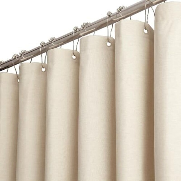 Zuhanyfüggöny, textil, 120x180cm, bézs-krém, vízálló, penészgátló, 8 kampóval