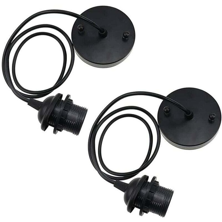 Set 2 buc dulie E27 metalice negre cu cablu pentru corpuri de iluminat suspendate