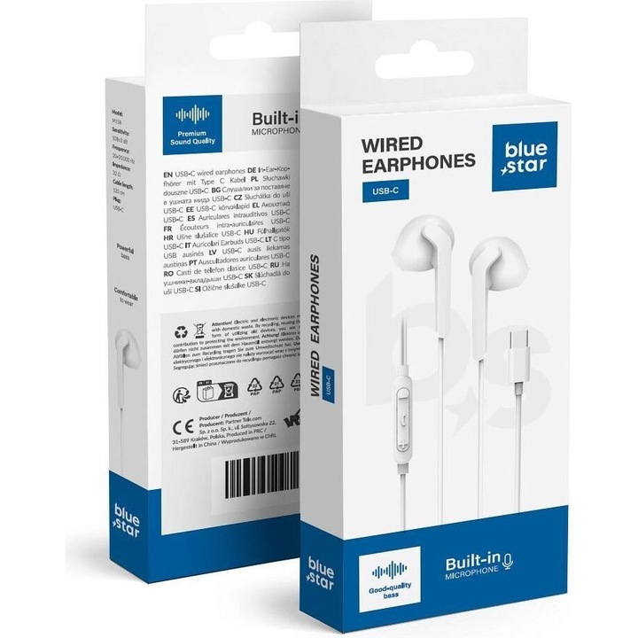 Casti cu fir Blue Star PA-M15C-R alb 120cm microfon USB-C