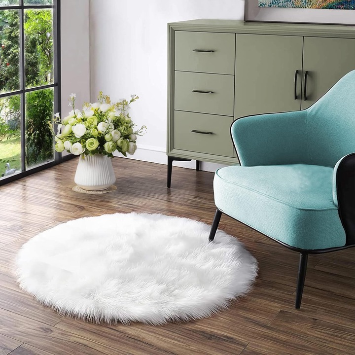 Covor rotund moale 90 cm, covor alb din piele de oaie, din blana artificiala, lavabil, covor mic moale pentru dormitor