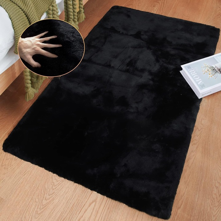 Covor negru pufos pentru dormitor, 60x90cm, blana artificiala, moale, negru, pentru living, covor mic lavabil, cu fir scurt, covor negru pufos, dreptunghiular