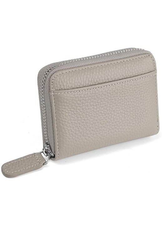 Portofel mic piele naturala maro, 20 sloturi card, protectie RFID, cu fermoar