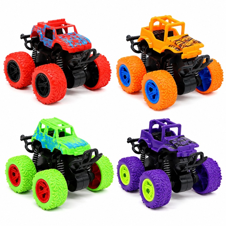 Set 4 masini off-road de jucarie cu frictiune, AFKSMILE, Monster Truck, Robuste si rezistente, Usoare si durabile, Din plastic ABS, Cu margini rotunjite, Pentru copii, fete si baieti, Multicolor
