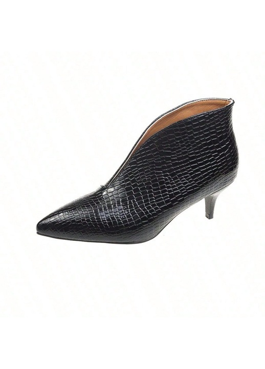 Botine dama, cizme scurte, toc inalt, piele lacuita, model piele de sarpe, negre