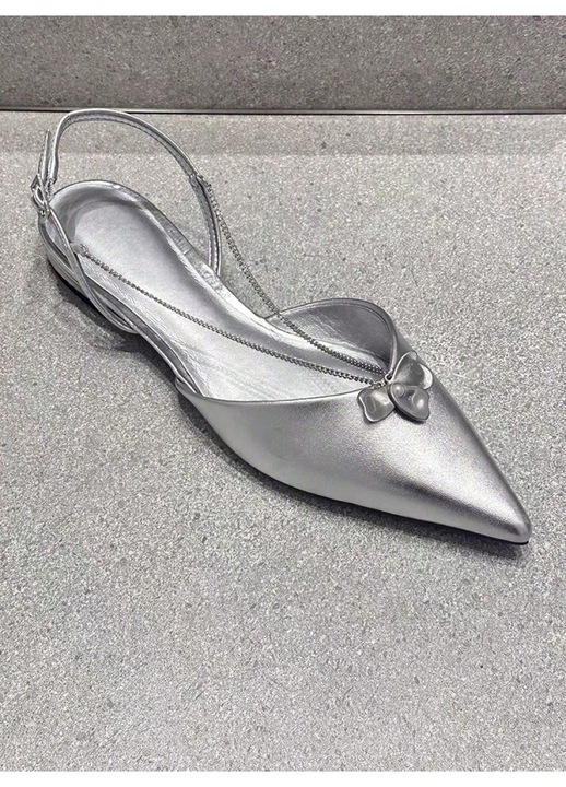 Pantofi dama, stil francez, toc plat, varf ascutit, argintiu, elegant