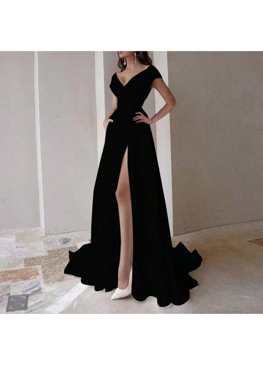 Rochie de petrecere, neagra, volane, lunga, uni