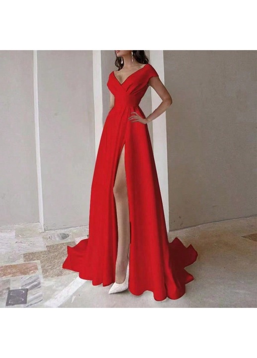 Rochie de petrecere, rosie, cu volane, lunga, uni